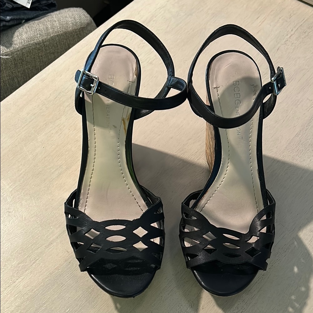 BCBG Black Strappy Heels with Ankle Strap